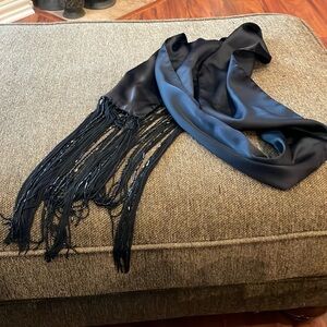 Long Black Satin Scarf Fringe Beaded by Echo